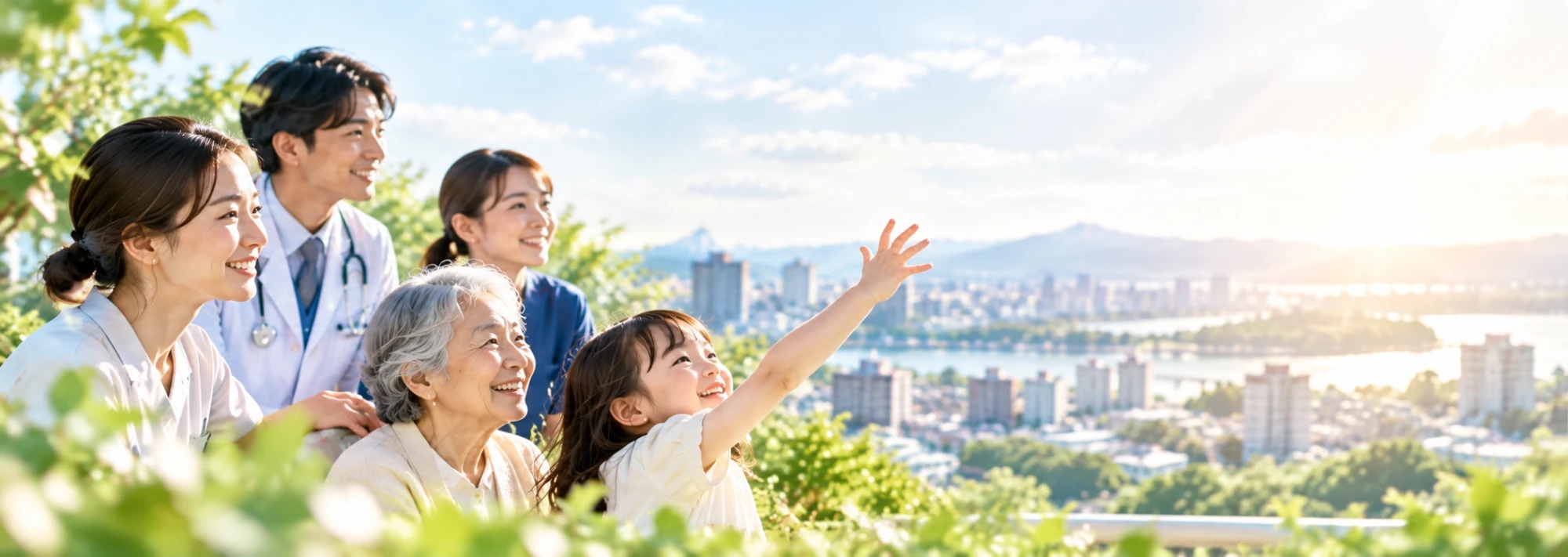 医師・看護師と家族、高齢の方、子どもが笑顔で朝日の街を見渡す様子