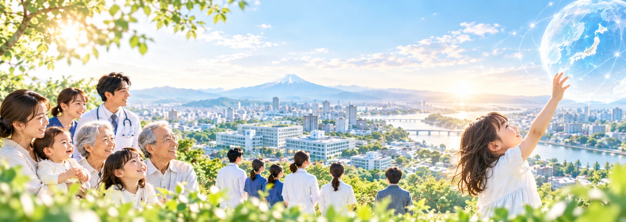 医療・介護のチームと3世代の家族、未来へ手を伸ばす子どもが、病院のある街を見渡す様子